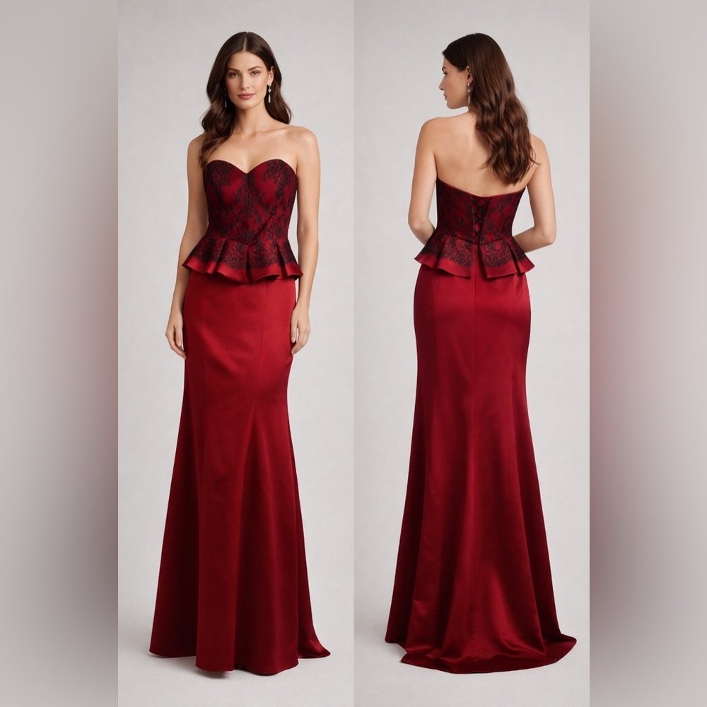 New! Marchessa Note Strapless Red & Black Lace Peplum Maxi Gown ♥️ size 2 NWOT